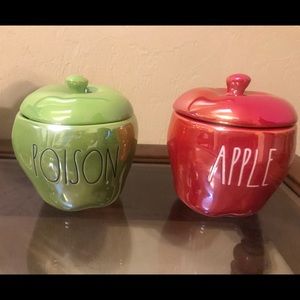 Rae Dunn iridescent Halloween apples “Poison” and “apple” candles